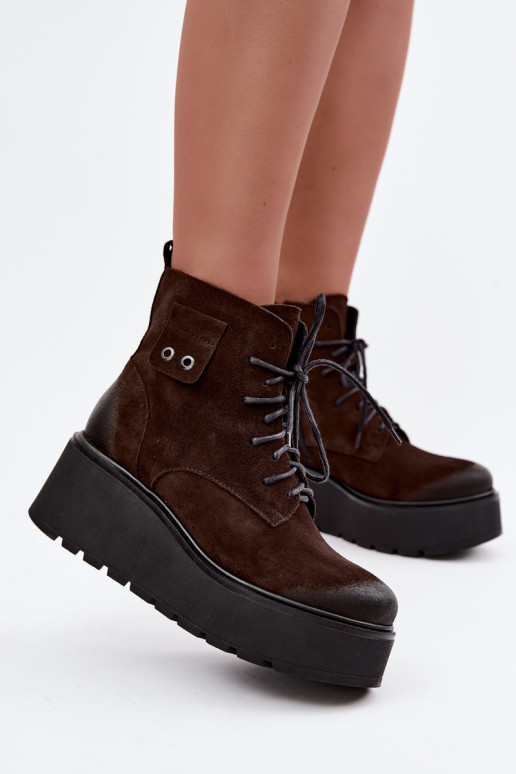 Zazoo 60499 Damen Stiefeletten aus Kunstveloursleder mit Plateau in Schokoladenfarbe