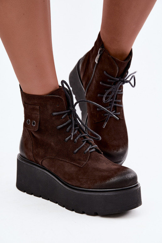 Zazoo 60499 Damen Stiefeletten aus Kunstveloursleder mit Plateau in Schokoladenfarbe