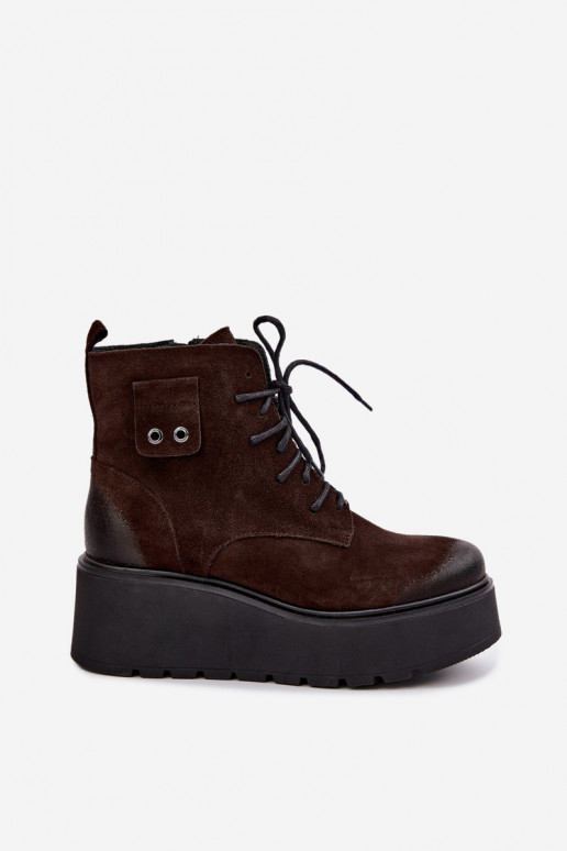 Zazoo 60499 Damen Stiefeletten aus Kunstveloursleder mit Plateau in Schokoladenfarbe