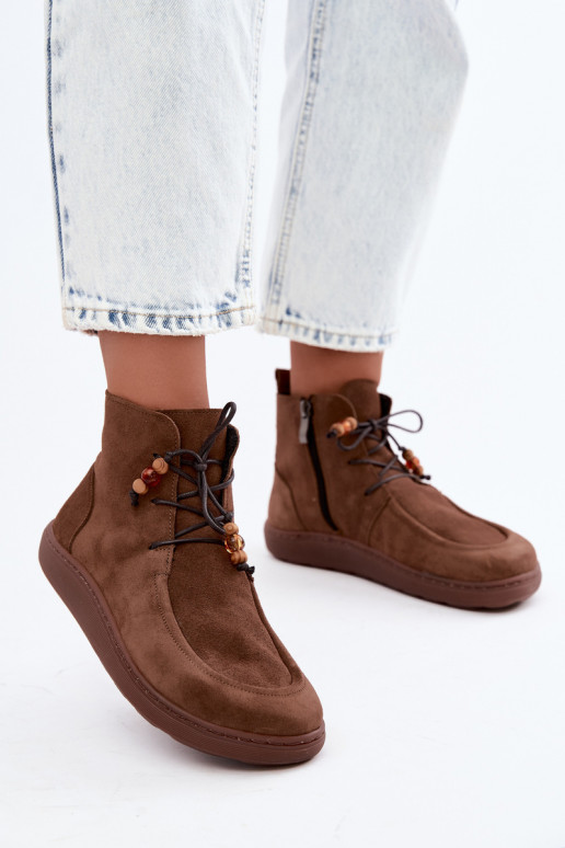 Damen warme Barefoot Stiefeletten mit Perlen Zazoo 30078 in brauner Farbe
