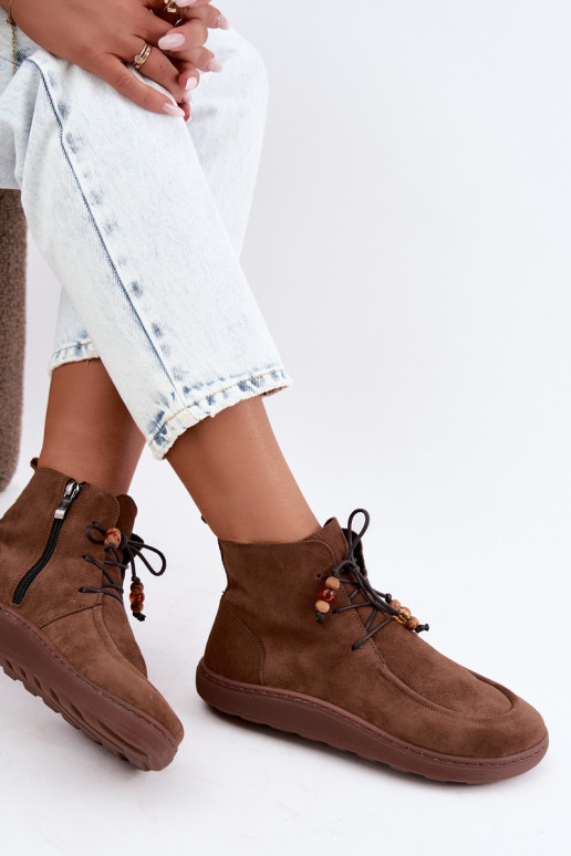 Damen warme Barefoot Stiefeletten mit Perlen Zazoo 30078 in brauner Farbe