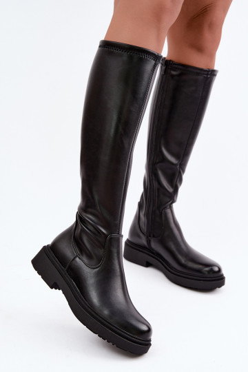 Damen warme lange Stiefel mit breiten Absätzen Zazoo KZ-02 in schwarzer Farbe