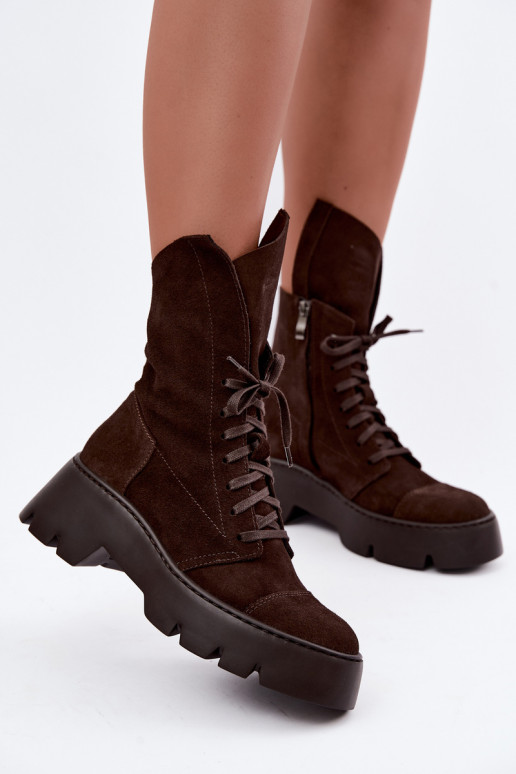 Dunkelbraune Damen Arbeitsstiefeletten aus Kunstveloursleder Zazoo 976