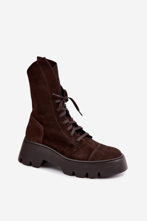Dunkelbraune Damen Arbeitsstiefeletten aus Kunstveloursleder Zazoo 976