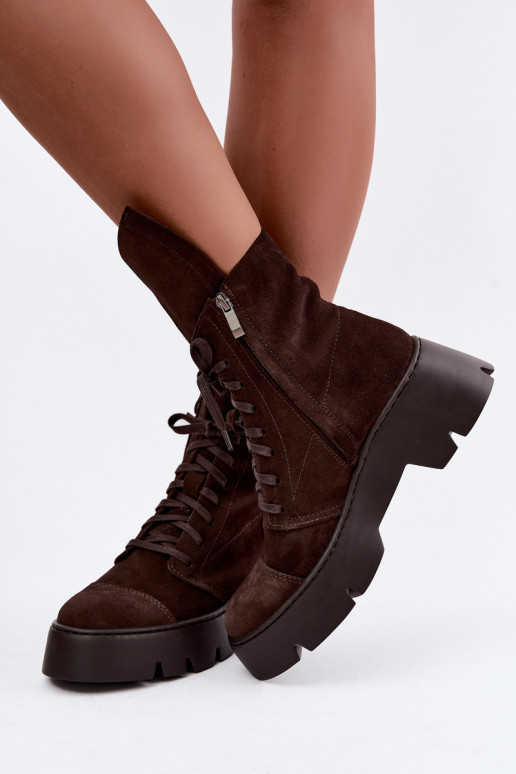 Dunkelbraune Damen Arbeitsstiefeletten aus Kunstveloursleder Zazoo 976