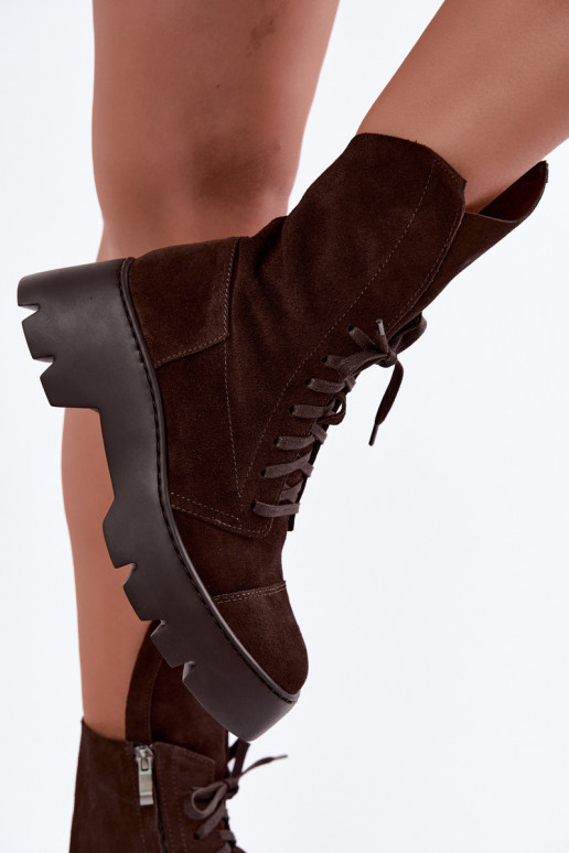 Dunkelbraune Damen Arbeitsstiefeletten aus Kunstveloursleder Zazoo 976