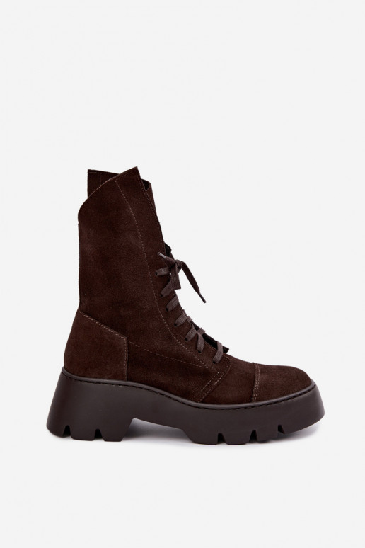 Dunkelbraune Damen Arbeitsstiefeletten aus Kunstveloursleder Zazoo 976