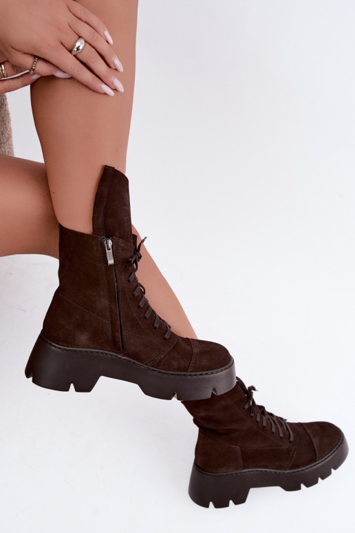 Dunkelbraune Damen Arbeitsstiefeletten aus Kunstveloursleder Zazoo 976