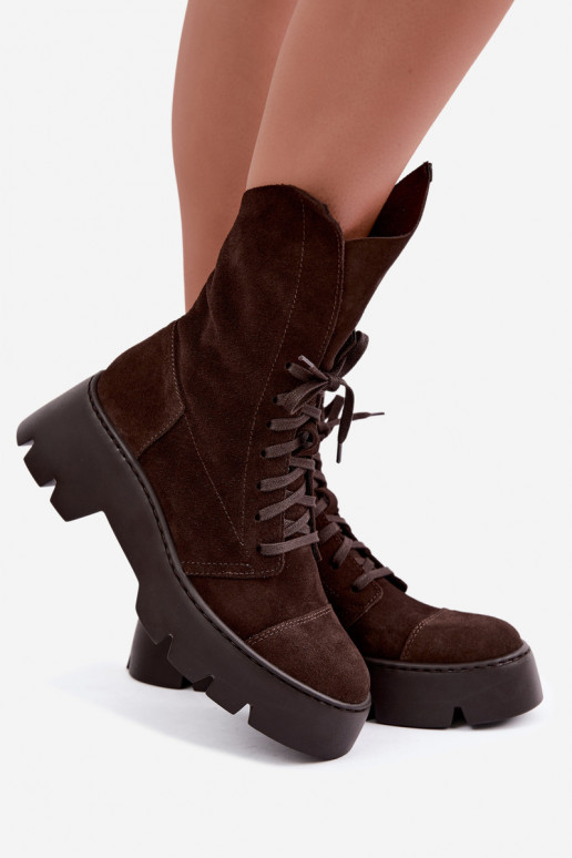 Dunkelbraune Damen Arbeitsstiefeletten aus Kunstveloursleder Zazoo 976