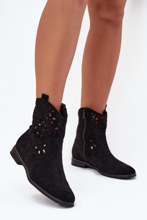 Damen Stiefeletten mit Ausschnitt-Elementen und breiten Absätzen aus schwarzem Kunstveloursleder Athera