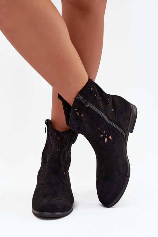 Damen Stiefeletten mit Ausschnitt-Elementen und breiten Absätzen aus schwarzem Kunstveloursleder Athera