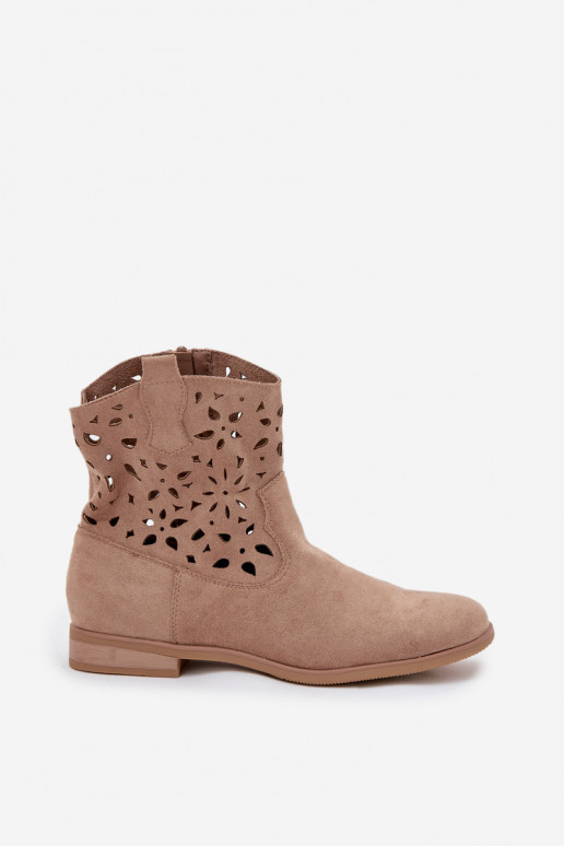 Damen Stiefeletten mit Ausschnitt-Elementen und breiten Absätzen aus sandfarbenem Kunstveloursleder Athera