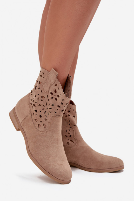 Damen Stiefeletten mit Ausschnitt-Elementen und breiten Absätzen aus sandfarbenem Kunstveloursleder Athera