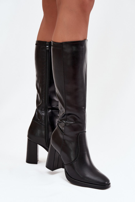 Damen Overknee-Stiefel mit Absatz aus schwarzem Kunstleder Lyvella
