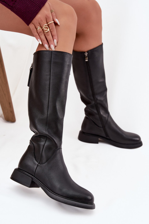 Schwarze kniehohe Stiefel aus Kunstleder für Damen mit breiten Absätzen und Futter D&A JC62-1036