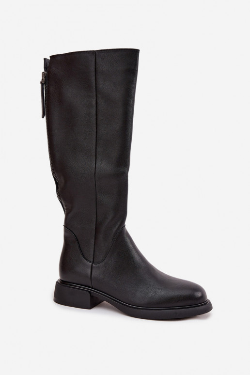 Schwarze kniehohe Stiefel aus Kunstleder für Damen mit breiten Absätzen und Futter D&A JC62-1036
