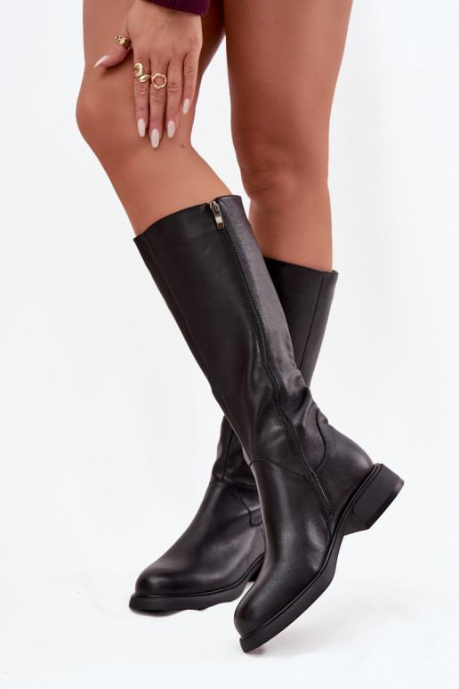 Schwarze kniehohe Stiefel aus Kunstleder für Damen mit breiten Absätzen und Futter D&A JC62-1036