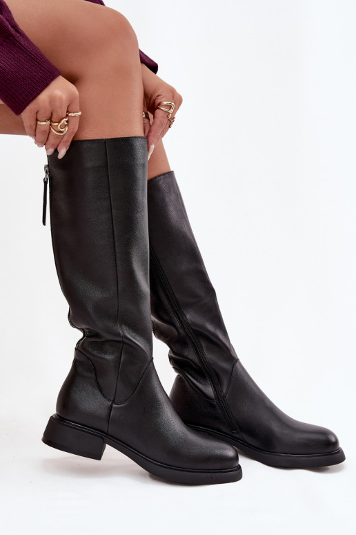 Schwarze kniehohe Stiefel aus Kunstleder für Damen mit breiten Absätzen und Futter D&A JC62-1036