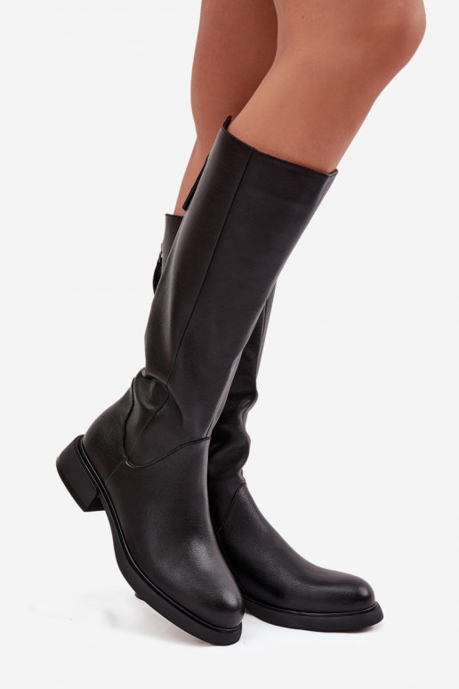 Schwarze kniehohe Stiefel aus Kunstleder für Damen mit breiten Absätzen und Futter D&A JC62-1036