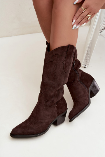 Schokoladenfarbene Kunstveloursleder Stiefel im Cowboy-Stil mit Absätzen Jarissa