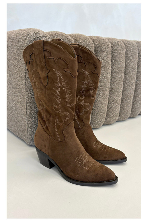 Knöchelhohe Cowboy-Stiefel mit Absätzen aus braunem Kunstveloursleder Jarissa