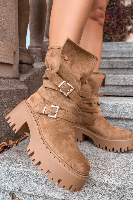 Khaki Damen Stiefeletten auf klobigen Absätzen mit Schnallen und Riemen Nerelisa