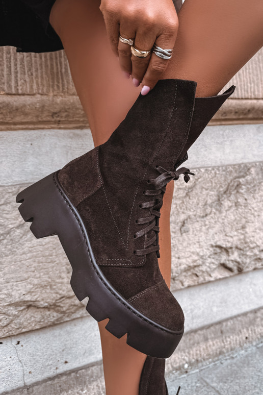 Dunkelbraune Damen Arbeitsstiefeletten aus Kunstveloursleder Zazoo 976