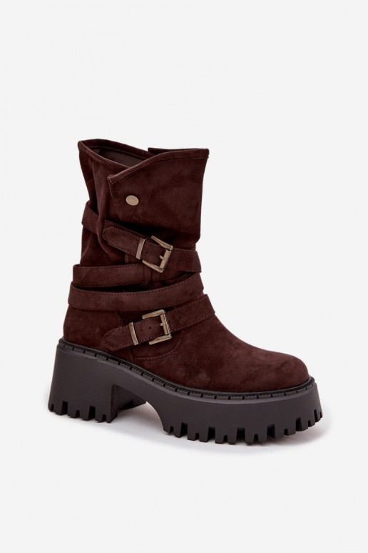 Damenstiefeletten mit dicken Absätzen, Riemen und Schnallen in Schokoladenfarbe, Nerelisa