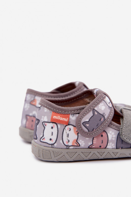 Kinderschuhe Milami mit Klettverschlüssen und Katzen in Grau Reathiana