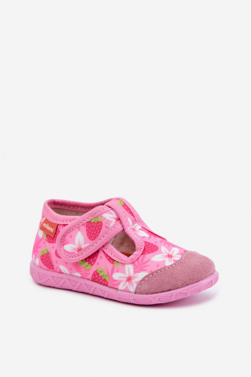 Kinderschuhe Milami mit Klettverschlüssen und Erdbeeren und Blumen in Rosa Jasimrra