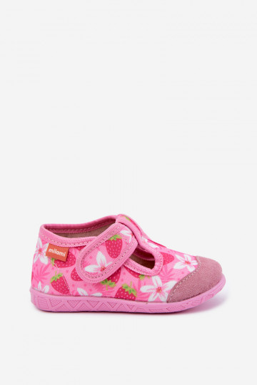 Kinderschuhe Milami mit Klettverschlüssen und Erdbeeren und Blumen in Rosa Jasimrra 2