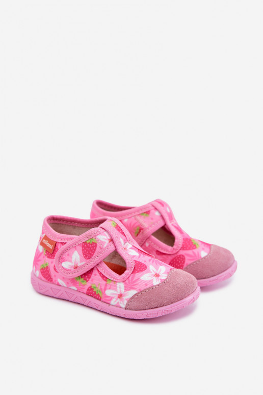 Kinderschuhe Milami mit Klettverschlüssen und Erdbeeren und Blumen in Rosa Jasimrra