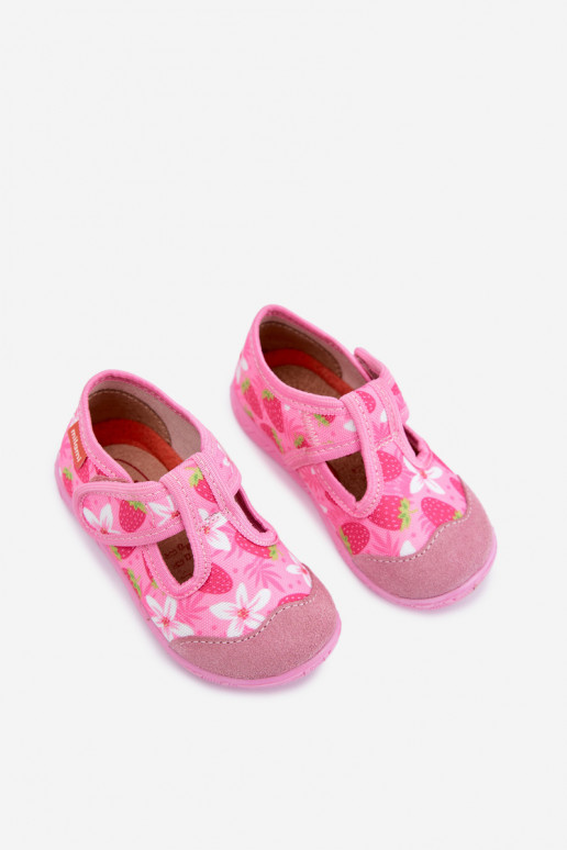 Kinderschuhe Milami mit Klettverschlüssen und Erdbeeren und Blumen in Rosa Jasimrra