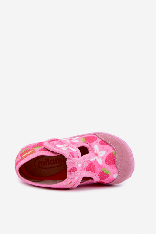 Kinderschuhe Milami mit Klettverschlüssen und Erdbeeren und Blumen in Rosa Jasimrra