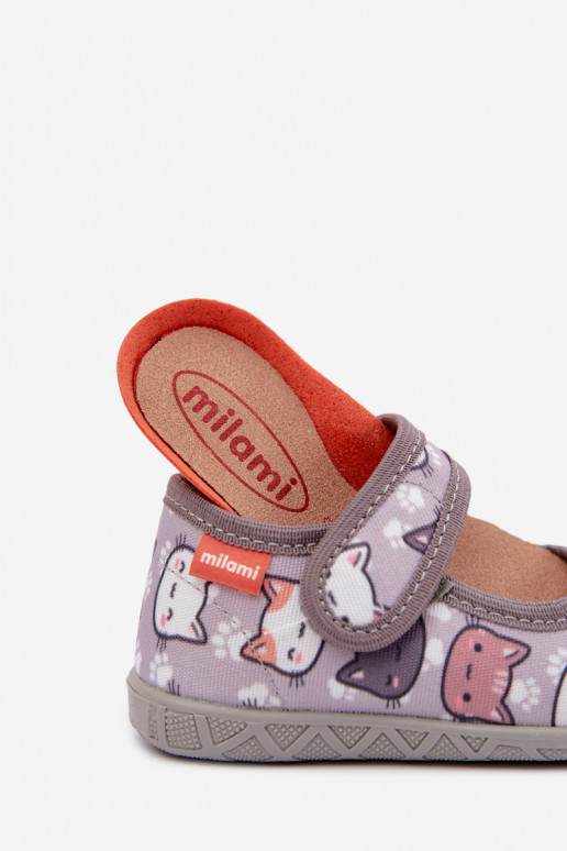 Kinderschuhe Milami mit Klettverschlüssen und Katzen in Grau Esnia