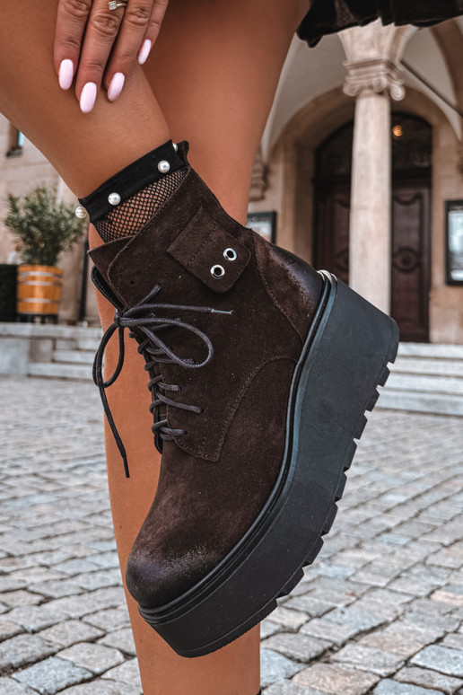 Zazoo 60499 Damen Stiefeletten aus Kunstveloursleder mit Plateau in Schokoladenfarbe
