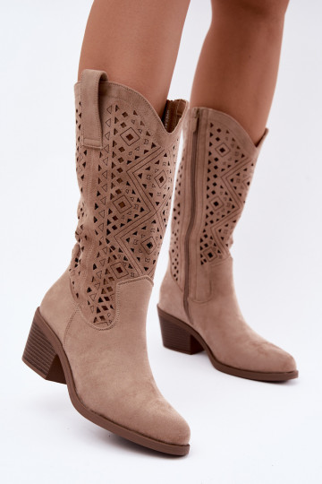 Stiefel bis zum Knie mit Ausschnitt-Elementen im Cowboy-Stil mit Absätzen S.Barski HY62-8126 in Sand