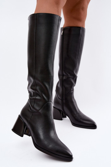 Leder gefütterte Damenlange Stiefel mit Absatz D&A JC62-1069 schwarz