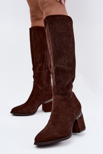 Lange Stiefel mit Ausschnitten und Absatz S.Barski HY62-8122 schokoladenbraun
