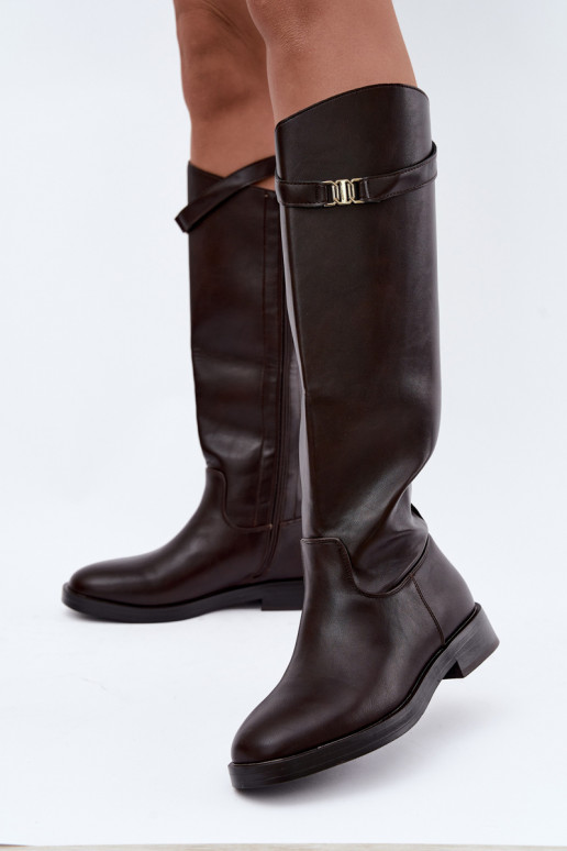 Damen kniehohe Stiefel mit breiten Absätzen und dekorativen Riemen in Schokoladenfarbe Tarelle