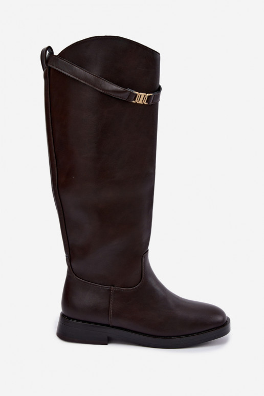 Damen kniehohe Stiefel mit breiten Absätzen und dekorativen Riemen in Schokoladenfarbe Tarelle