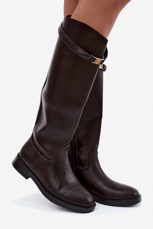 Damen kniehohe Stiefel mit breiten Absätzen und dekorativen Riemen in Schokoladenfarbe Tarelle