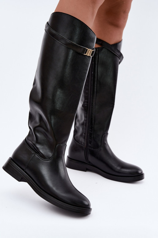 Schwarze Damen kniehohe Stiefel mit breiten Absätzen und dekorativen Riemen Tarelle