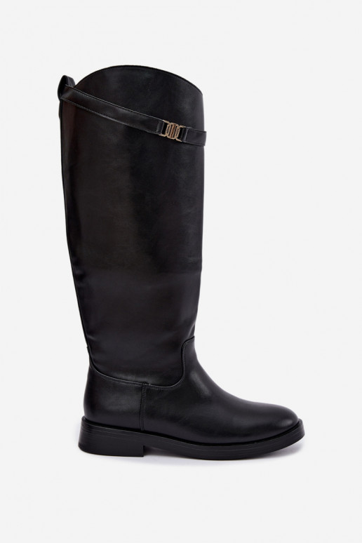 Schwarze Damen kniehohe Stiefel mit breiten Absätzen und dekorativen Riemen Tarelle