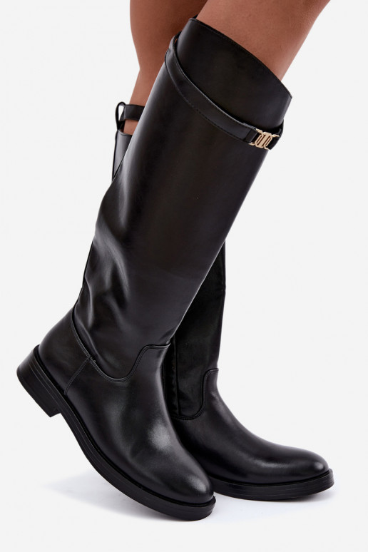 Schwarze Damen kniehohe Stiefel mit breiten Absätzen und dekorativen Riemen Tarelle