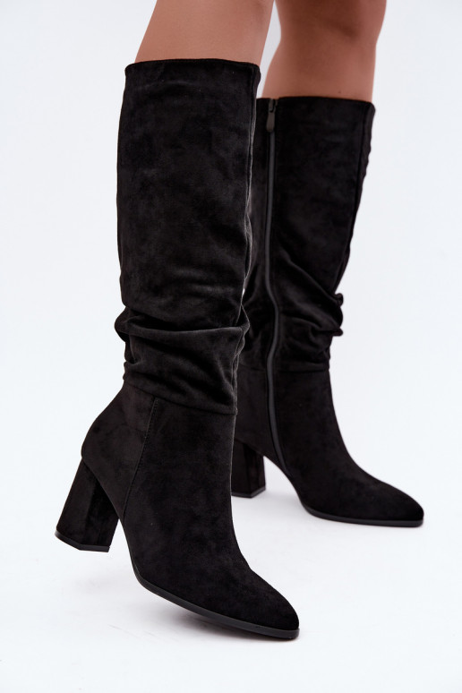 Schwarze isolierte Kniehohe Stiefel mit Absätzen und Rüschen Haliah