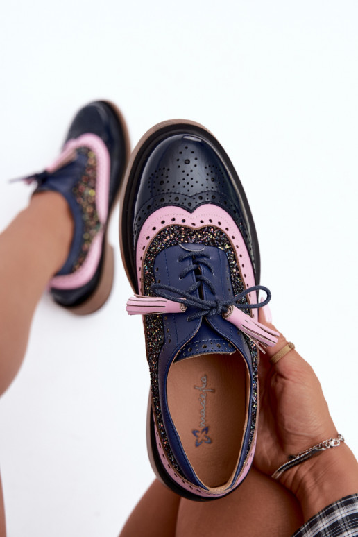 Damenlederschuhe mit Schnürsenkeln und Quasten Tai turiciejka K7816-17 in Dunkelblau