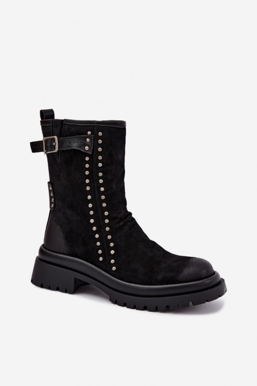 Wärmende Damenstiefeletten aus Kunstveloursleder mit Schnallen Tai turiciejka K7727-01 in Schwarz