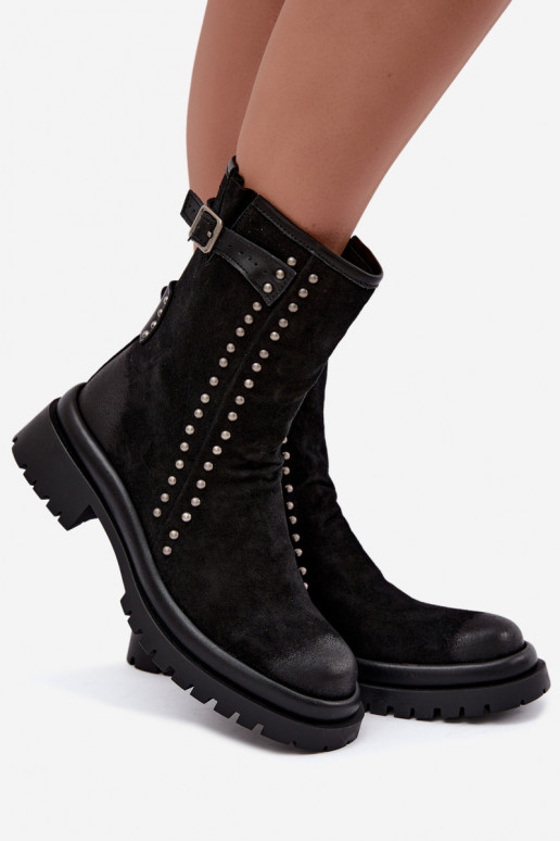 Wärmende Damenstiefeletten aus Kunstveloursleder mit Schnallen Tai turiciejka K7727-01 in Schwarz