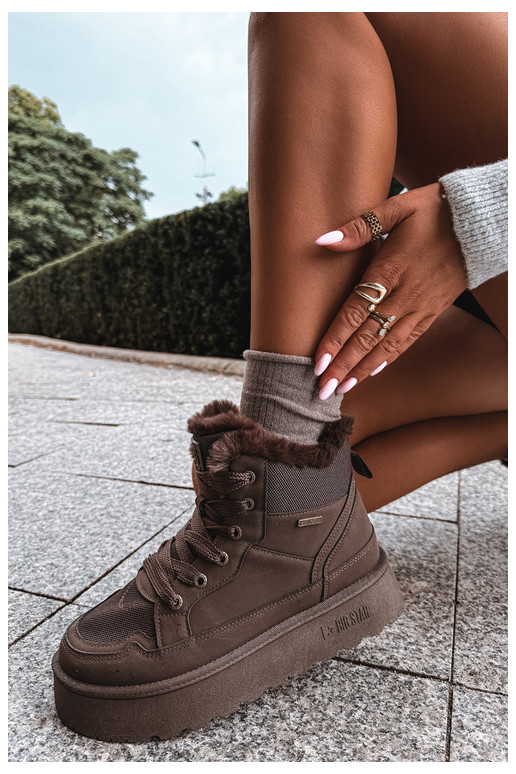 Damen Schneestiefel mit Schnürsenkeln und Fell dunkelbraun Big Star